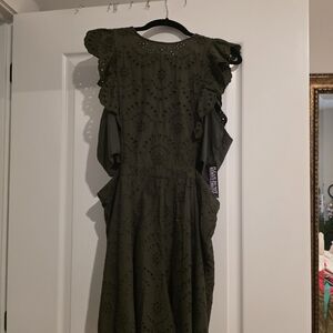 Olive Eyelet Ruffle Sleeve Dress